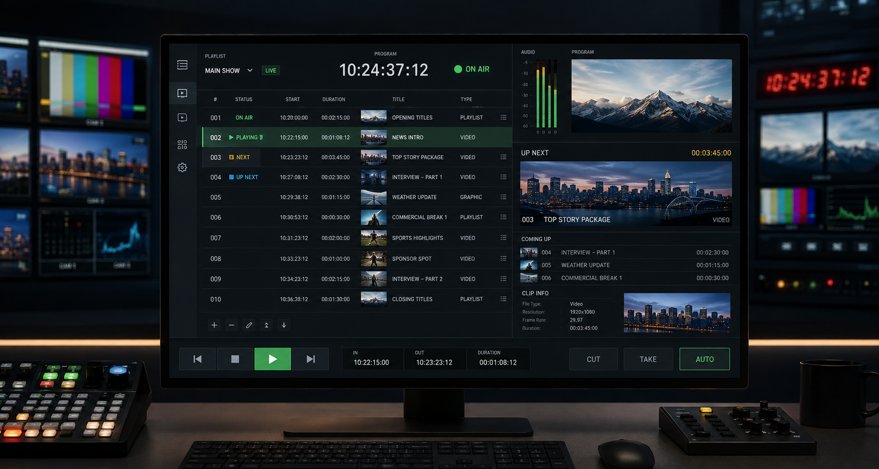 Broadcast video playlist interface on a studio control desk